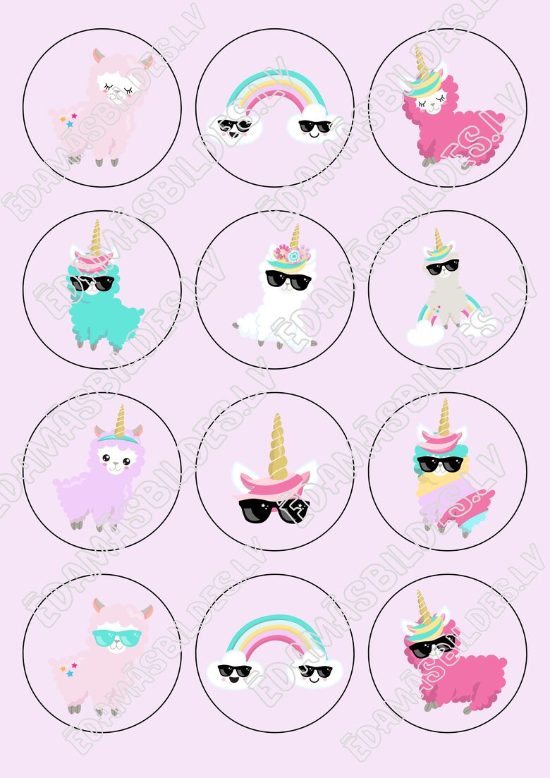 Cukura papīrs ar apdruku "Lama Unicorn", kapkeiku aplīši 6 cm